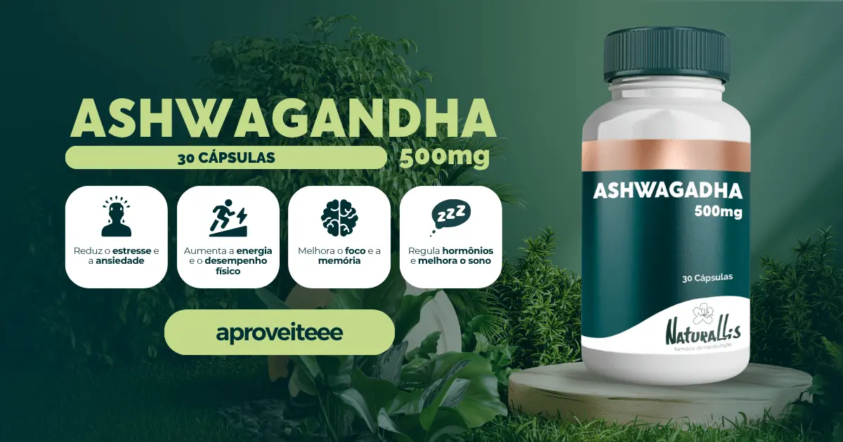 Ashwagandha 500mg Naturallis: suplemento para estresse e desempenho físico Frasco do suplemento Ashwagandha 500mg da Naturallis, que ajuda a reduzir o estresse, melhorar o sono e aumentar o foco e a energia.